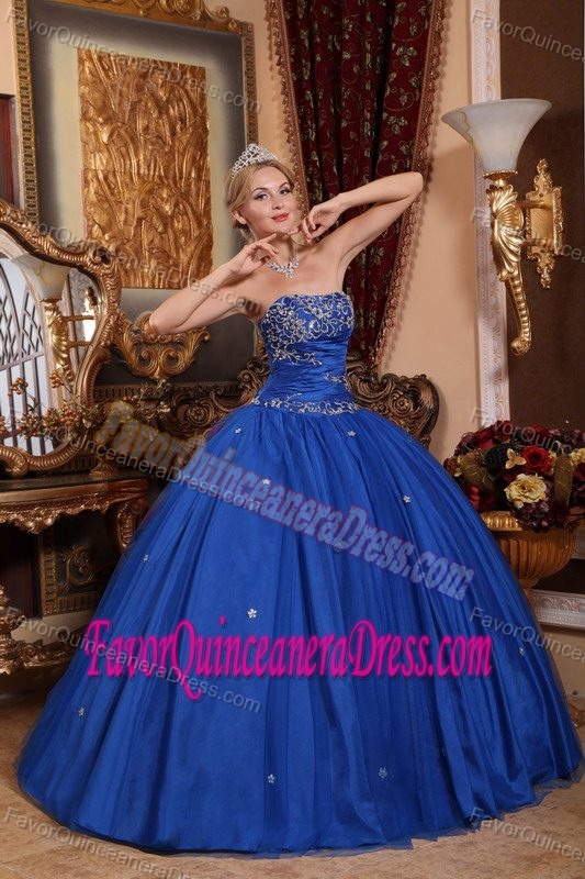 Blue Ball Gown Strapless Floor-length Taffeta and Tulle in style Quinceanera Dress