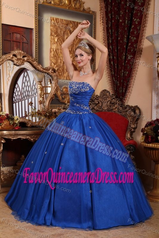 Blue Ball Gown Strapless Floor-length Taffeta and Tulle in style Quinceanera Dress