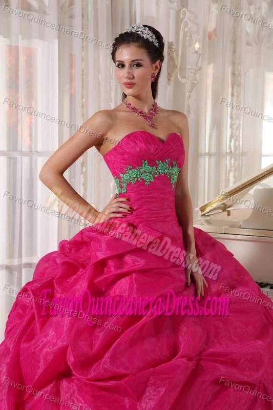 Popular Hot Pink Appliqued Quinceanera Gown in Organza with Pick-ups