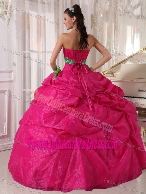 Popular Hot Pink Appliqued Quinceanera Gown in Organza with Pick-ups