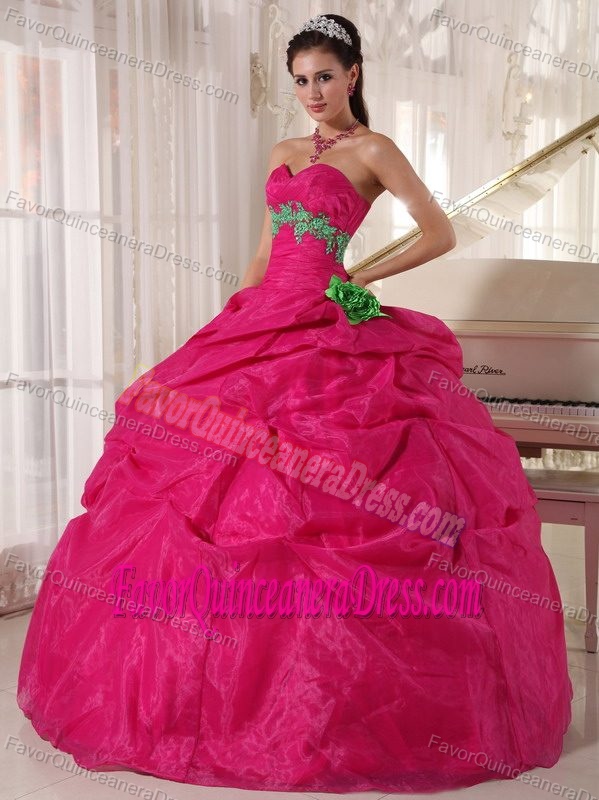 Popular Hot Pink Appliqued Quinceanera Gown in Organza with Pick-ups