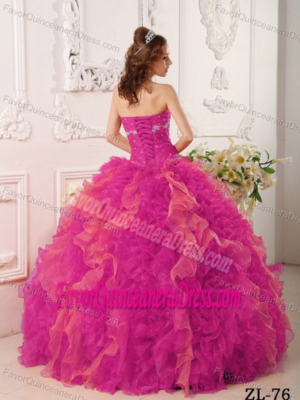 Cheap Hot Pink Organza Quinceanera Gown with Appliques and Beading