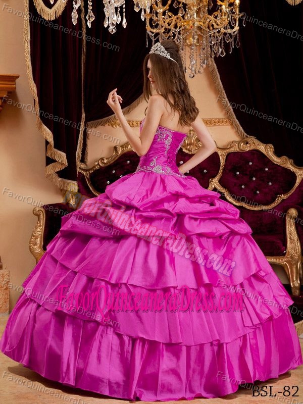 Fitted Hot Pink Taffeta Appliqued Dress for Quinceanera with Pick-ups