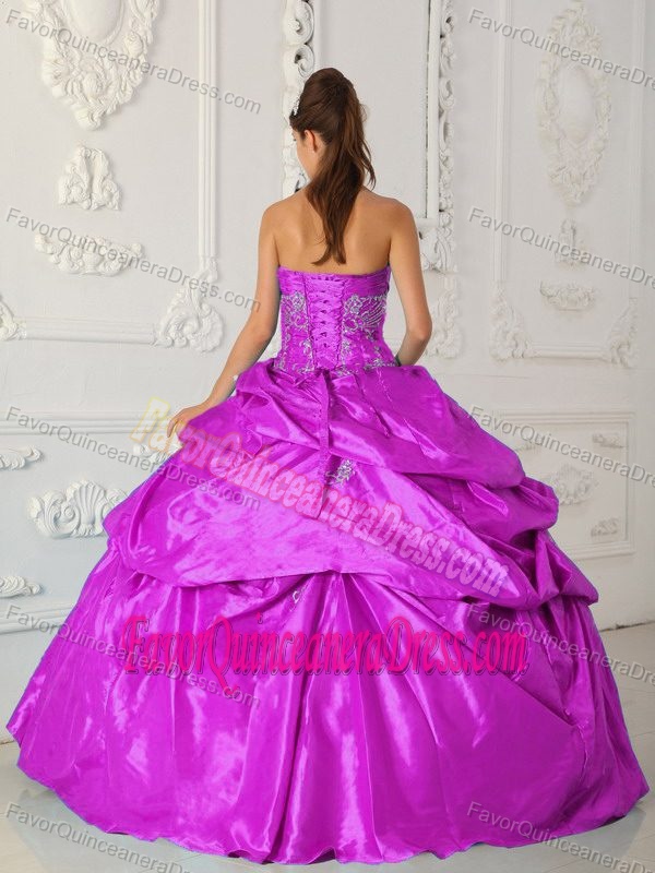 Fuchsia Sweetheart Taffeta Appliqued Quinceanera Dress with Pick-ups