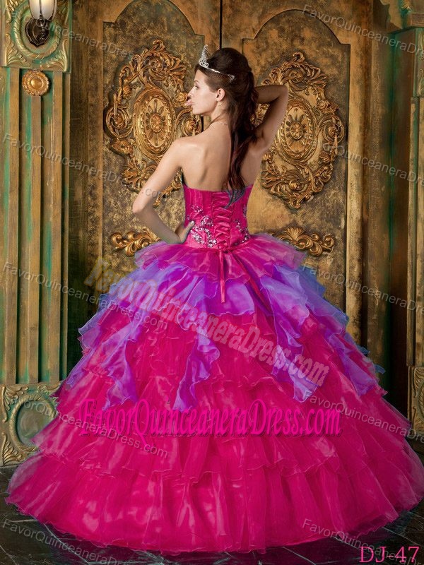 Popular Hot Pink Strapless Organza Sweet Sixteen Dresses with Ruffles