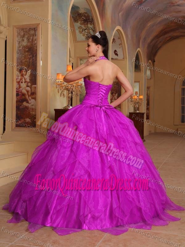 Angel Halter Organza Embroidered Quinceanera Gown Dress in Fuchsia