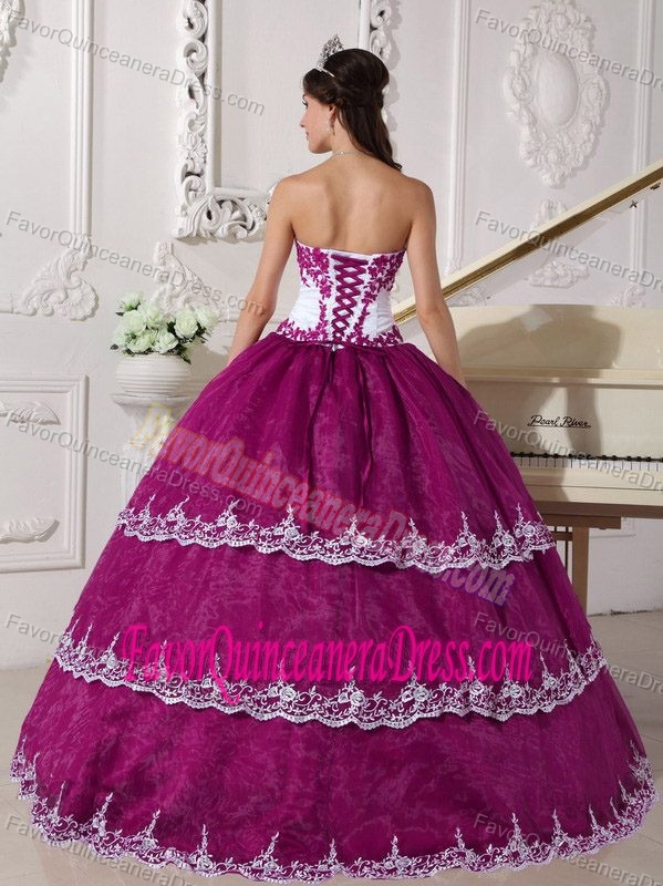 Strapless Organza Appliqued Quinceanera Dress in Fuchsia and White