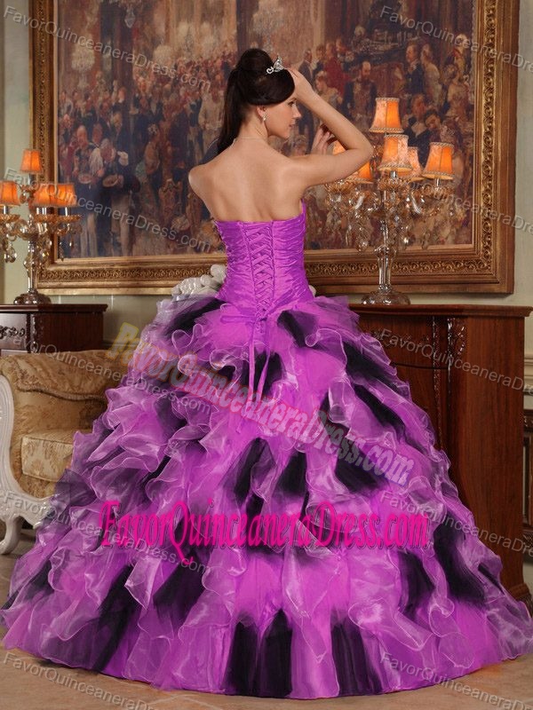 Fuchsia and Black Strapless Floor-length Organza Quinceanera Dress