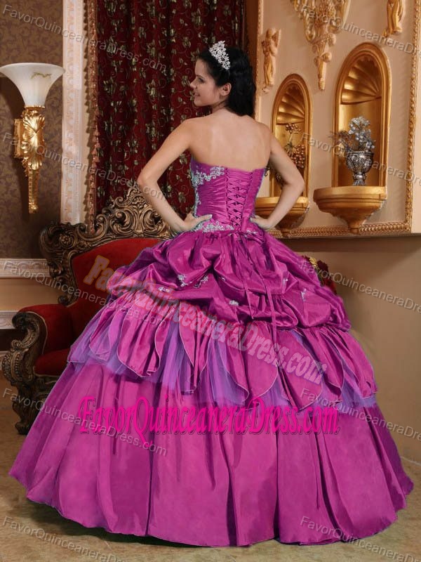 Strapless Taffeta Appliqued Fuchsia Quinceanera Dress with Pick-ups