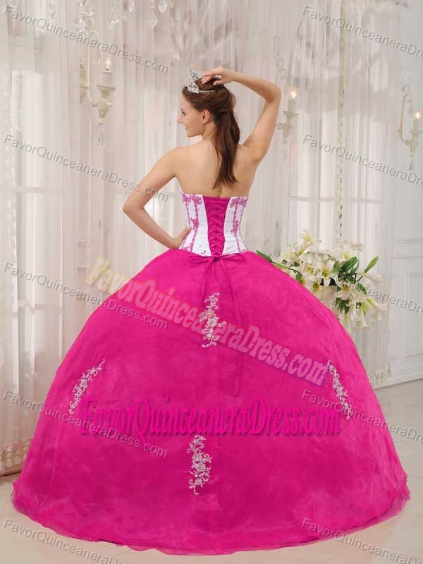 Taffeta and Organza Appliqued Quinceanera Dress White and Hot Pink