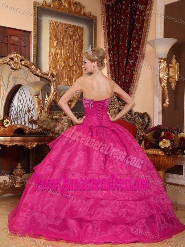 Strapless Floor-length Organza Appliqued Quinceanera Gown in Hot Pink