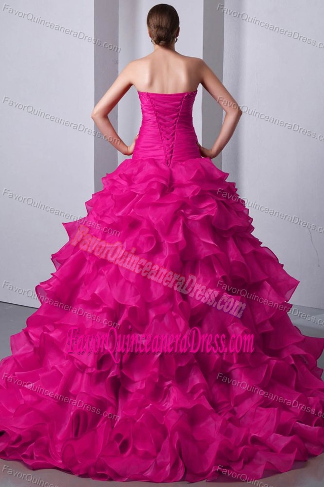 Fuchsia Sweetheart Brush Train Quinceanea Dress with Beading in Organza