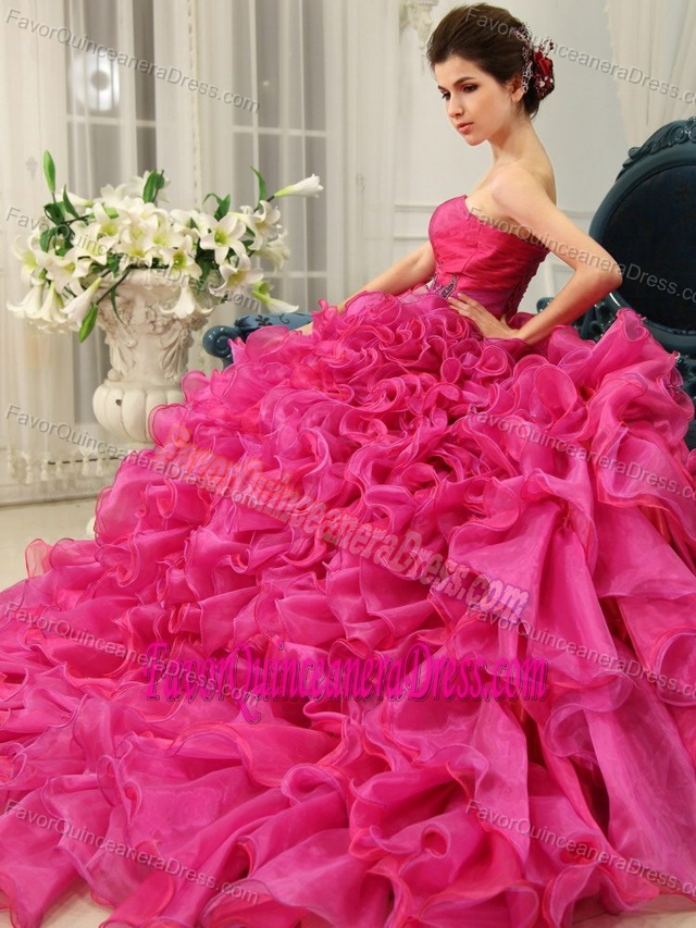 Hot Pink Sweetheart Court Train Quinceanera Dress with Ruffles and Appliques