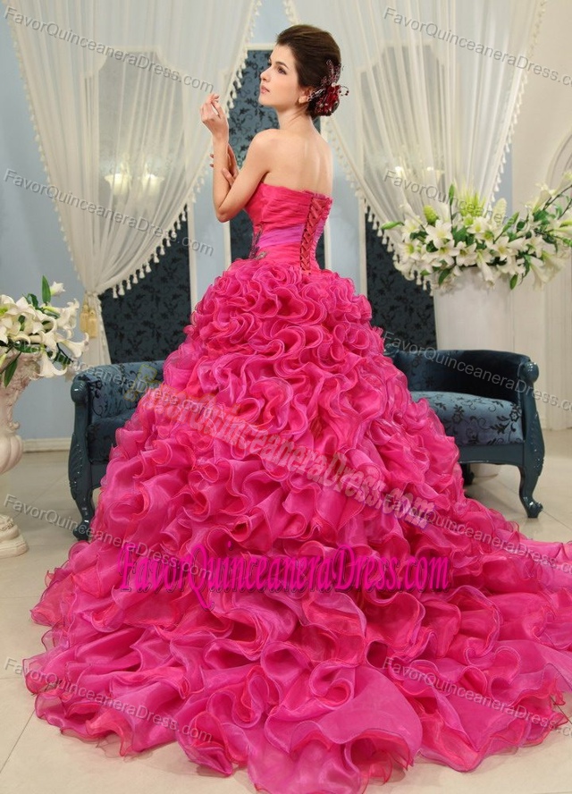 Hot Pink Sweetheart Court Train Quinceanera Dress with Ruffles and Appliques