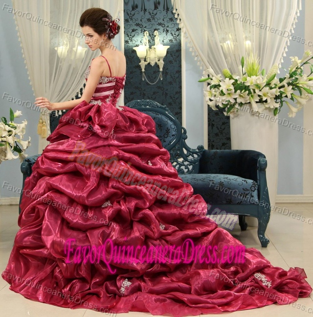 Fuchsia Spaghetti Strap Chapel Train Organza Quinceanera Dress with Pick Ups