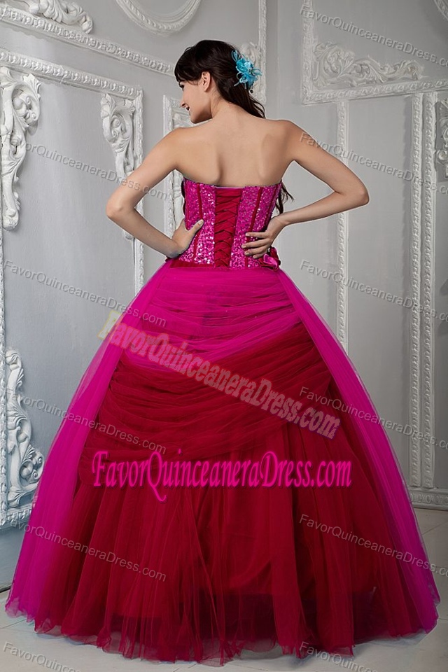 Fuchsia Strapless Floor-length Tulle Ruched Quinceanea Dress with Sequins