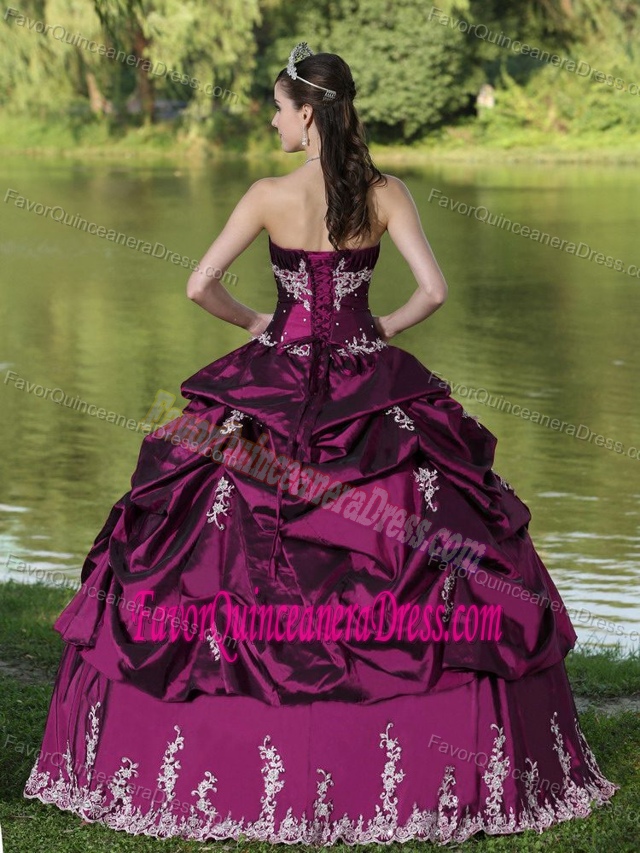 Fuchsia Embroidery Strapless Quinceanera Dress Made in Satin Fabric on Sale