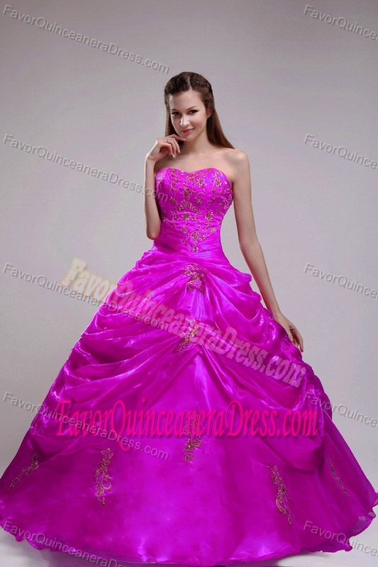 Fuchsia Strapless Floor-length Organza Quinceanera Dress with Appliques