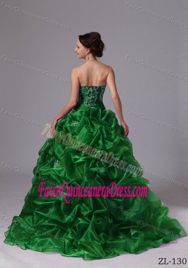 2013 Strapless Brush Train Hunter Green Organza and Taffeta Quinceanera Dress