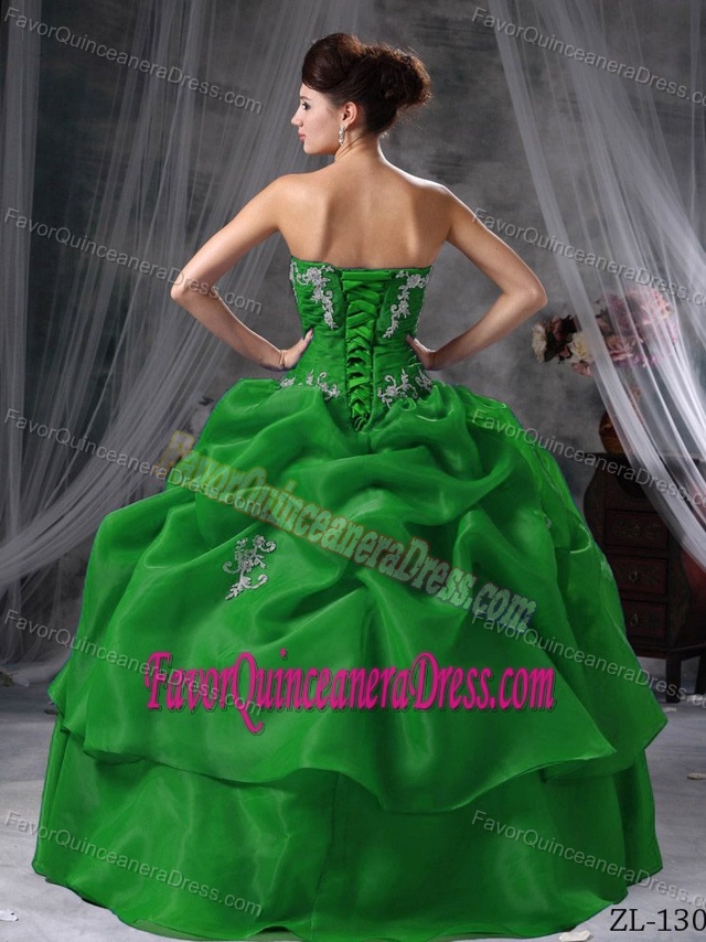 Sweetheart Hunter Green Organza Quinceanera Dress with Applique and Pick-ups