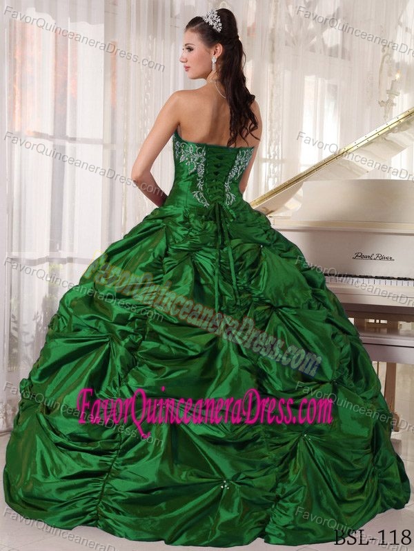 Strapless Hunter Green Taffeta Quinceanera Dress with Pick-ups and Embroidery