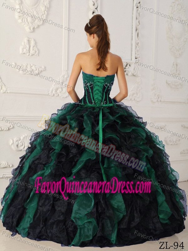 Green and Black Strapless Organza Quinceanera Dress with Ruffles and Appliques