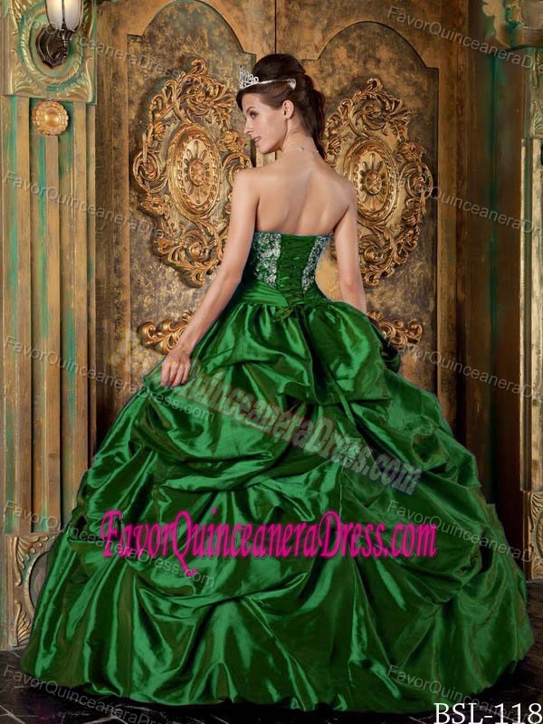 Strapless Taffeta Embroidery Quinceanera Gown Dresses in Hunter Green