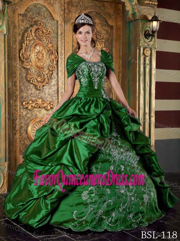 Strapless Taffeta Embroidery Quinceanera Gown Dresses in Hunter Green