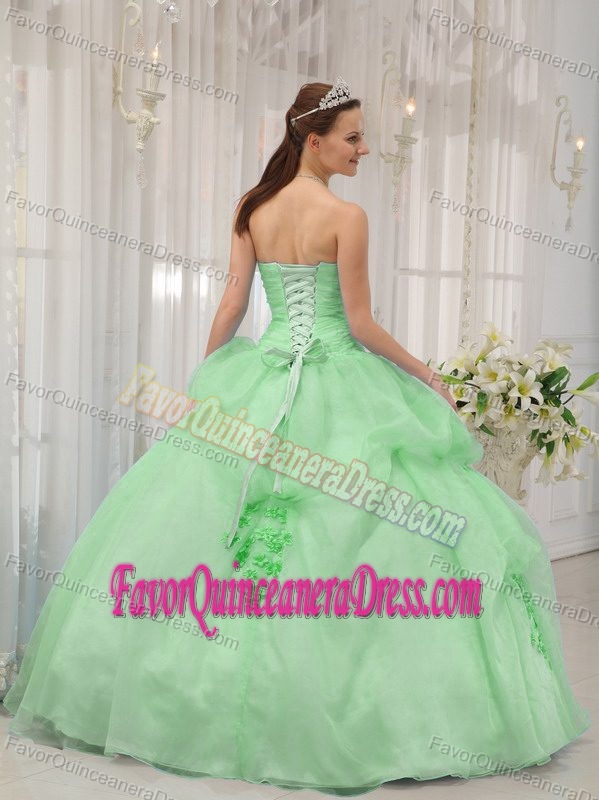 Sweetheart Organza Appliqued Dress for Quinceanera with Flower in Green