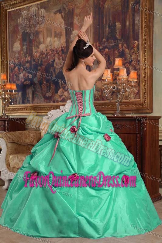 Apple Green Ball Gown Taffeta Dress for Quince with Beading and Flowers