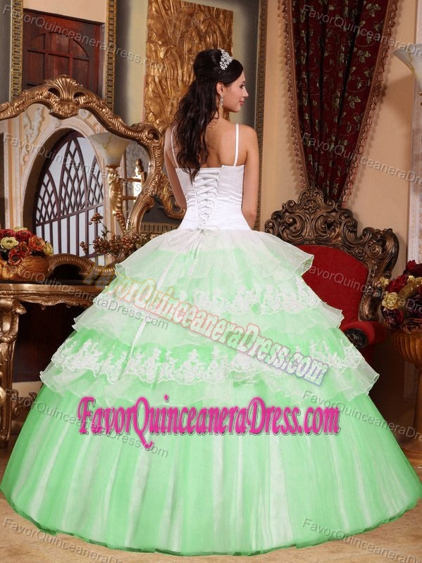 Ruffled Green and White Ball Gown Dress for Quince with Spaghetti Straps