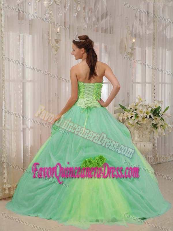 Perfect Strapless Yellow Green Taffeta and Tulle Quince Dress with Flower