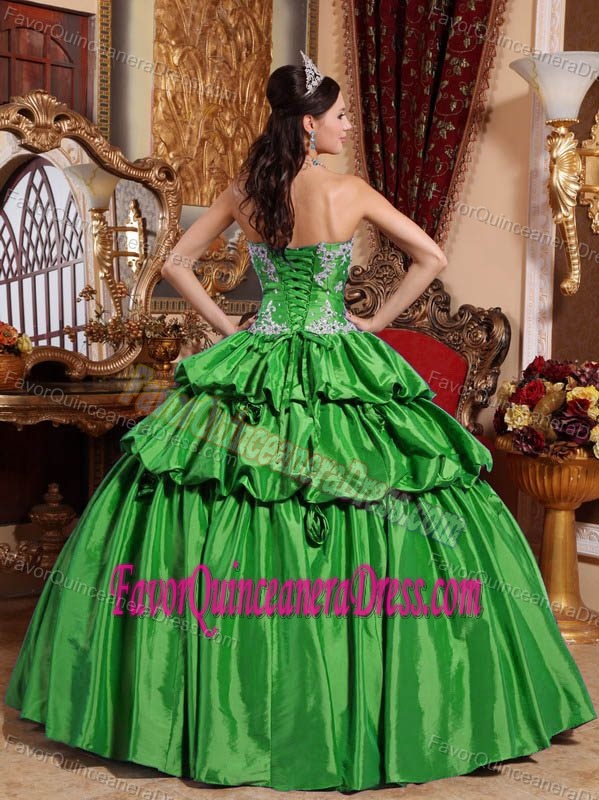 Latest Green Taffeta Strapless Quinceanera Dress with Pick-ups and Flower