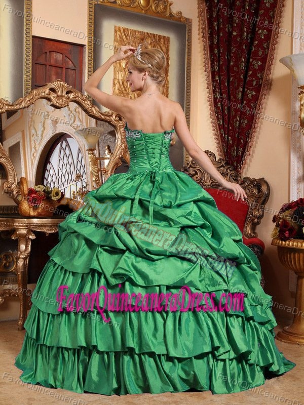 Perfect Green Taffeta Dress for Quinceanera with Appliques and Pick-ups