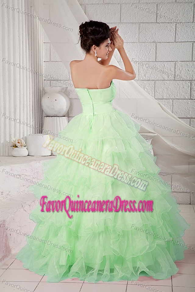 Wholesale Apple Green Organza Long Dress for Quinceaneras with Ruffles