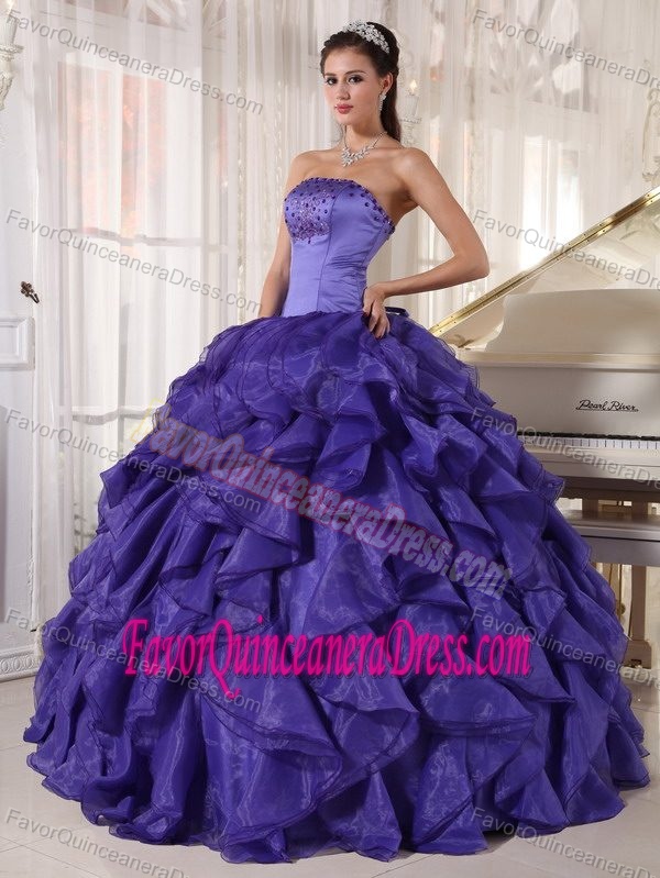 Purple Ball Gown Quinces Dresses in Satin and Organza with Pick-ups