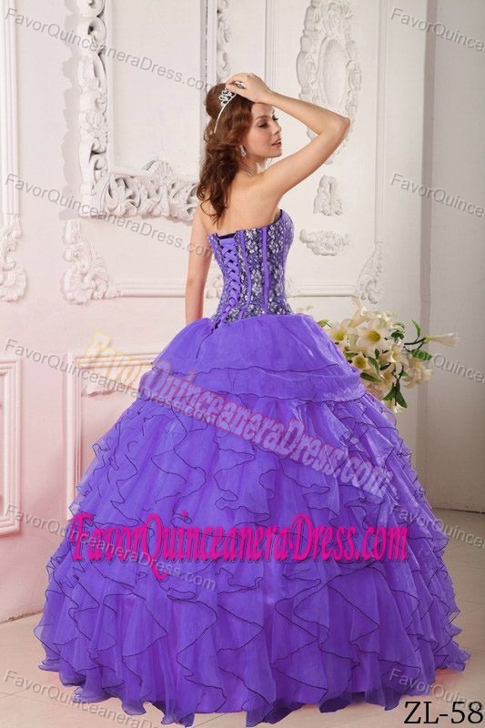 Purple Ball Gown Sweetheart Ruffled Sweet Sixteen Dress with Organza