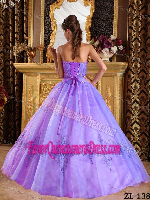 Purple Ball Gown Strapless Dress for Quince with Appliques in Tulle