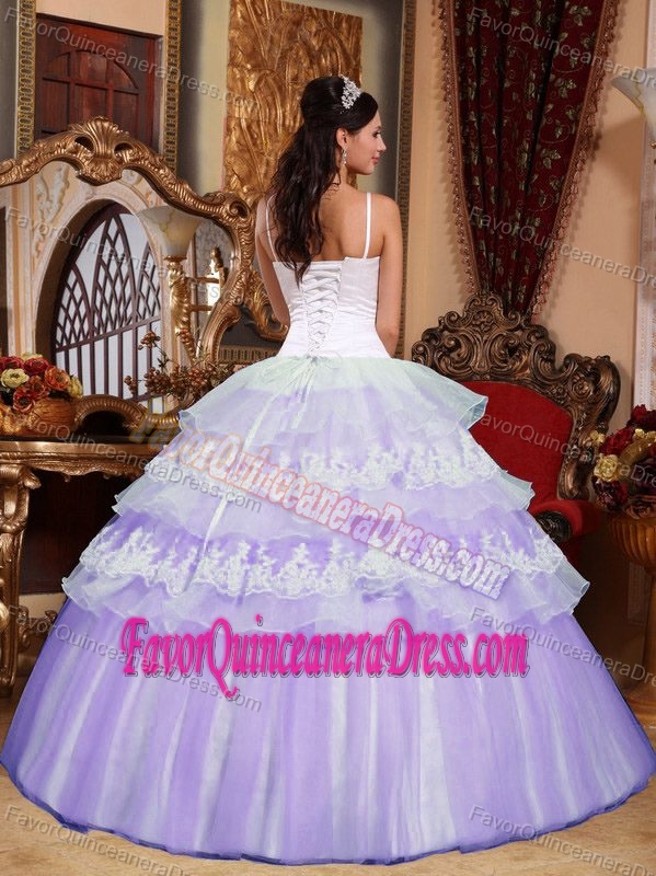 Lilac Ball Gown Spaghetti Straps Quince Dresses with Applique and Ruffle