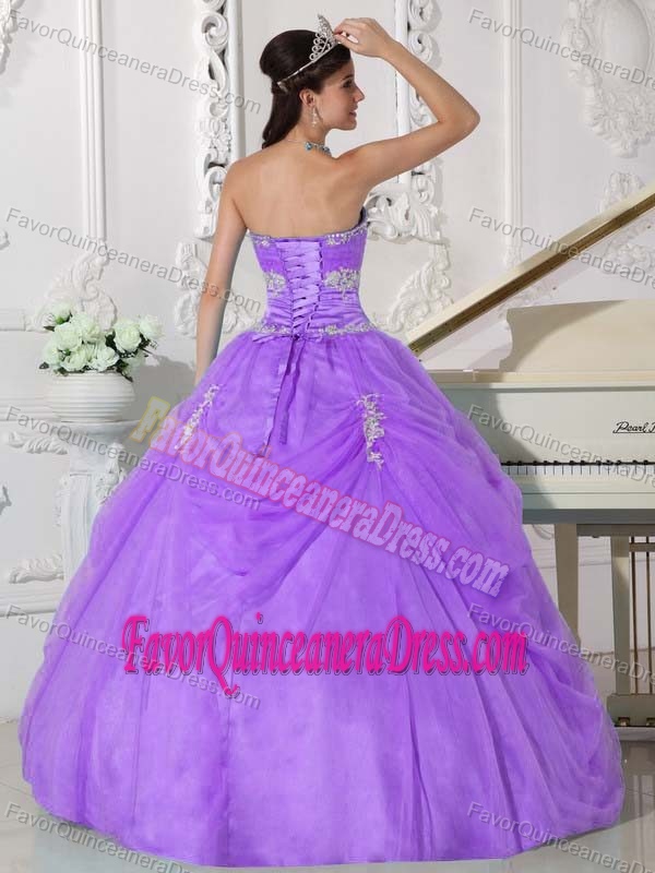 2013 Purple Strapless Ball Gown Quinceanera Dress with Pick-ups and Appliques