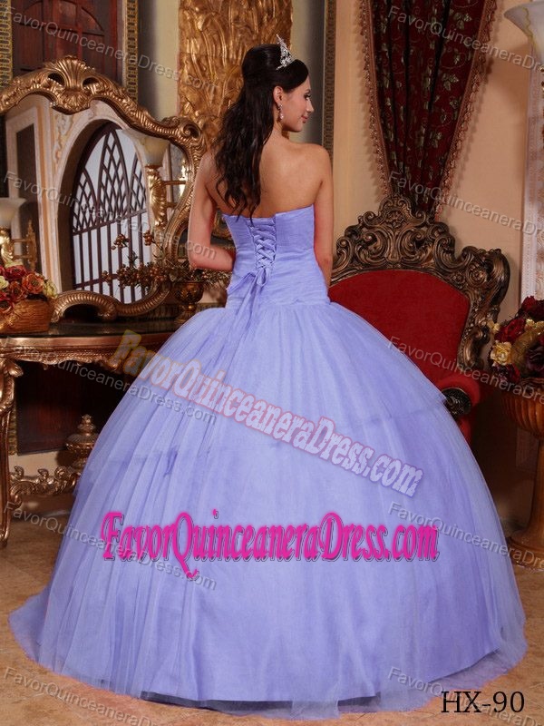 Lilac Strapless Ball Gown Floor-length Tulle Quinceanera Dresses with Appliques