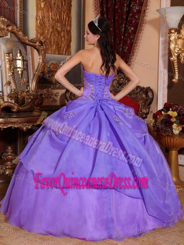 Purple Strapless Ball Gown Organza Appliqued Quinceanera Dress with Pick-ups