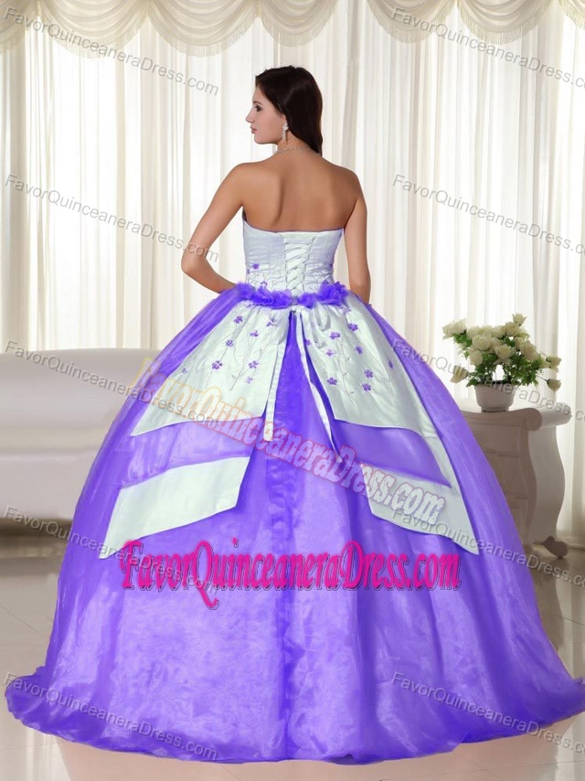 Strapless Ball Gown White and Purple Organza Quinceanera Dress with Appliques