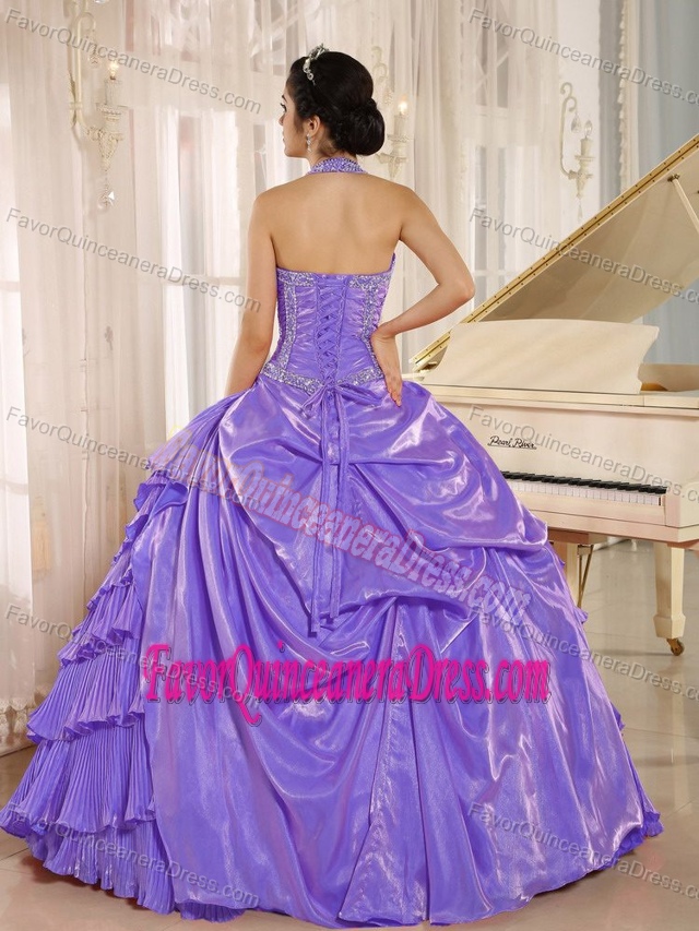 Jeweled Neckline Purple Ball Gown Quinceanera Dress with Pick-ups and Pleats