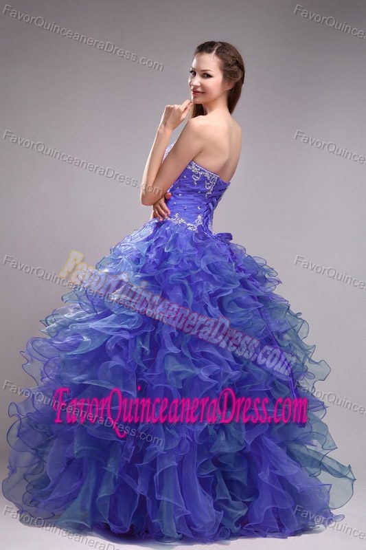 Blue Sweetheart Ball Gown Organza Quinceanera Dress with Appliques and Ruffle