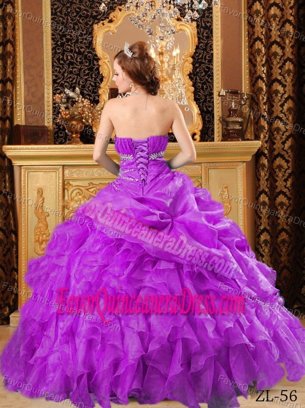 Clearance Purple Ruffled Beaded Organza Quinces Dresses Free Shipping