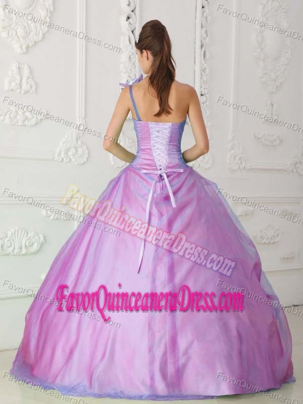 Popular Pink One Shoulder Taffeta Organza Sweet 15 Dress with Flowers