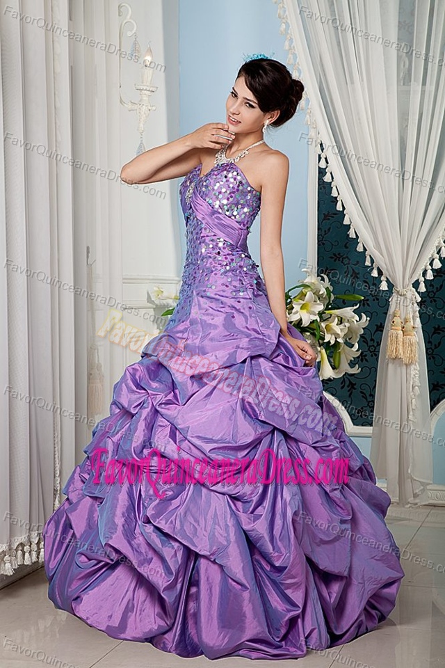 Latest Sweetheart Purple Taffeta Quince Dress with Sequins and Pick-ups