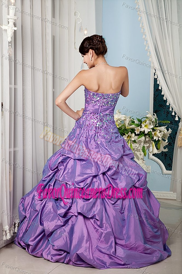 Latest Sweetheart Purple Taffeta Quince Dress with Sequins and Pick-ups