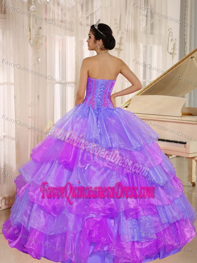 Latest Pink and Purple Strapless Quinces Dresses with Organza with Ruffles